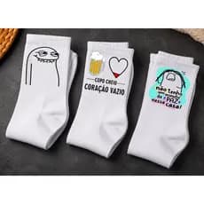 Meia de Algodão Branca Frases com Desenhos Divertidos Kit 03 pares
