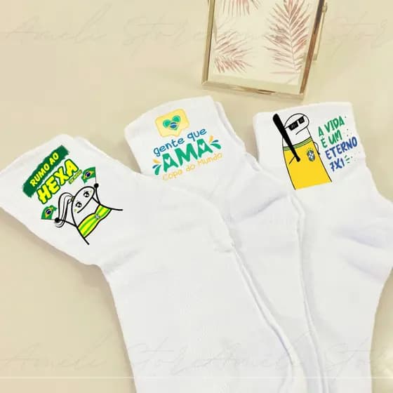 Meias Brasil Personalizadas Kit 03un Meia Cano Alto Branco Copa do Mundo Brasil Hexa