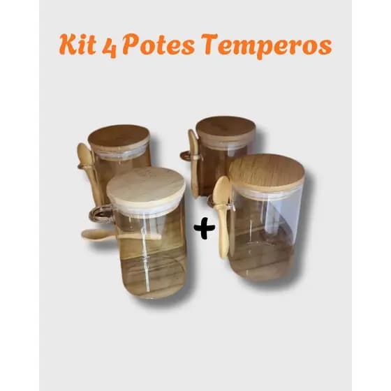 Kit com 4 Porta Condimentos 280ml pote temperos porta especiarias Kit 4 Porta Temperos de Vidro Porta Temperos com tampa