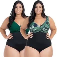 Maiô Feminino Plus Size Moda Praia Kit 2 Peças Liso e Estampado Modela Cintura Bojo Removível