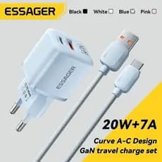 Carregador Turbo GaN Essager Tipo C+USBA+Cabo de Viagem 20w