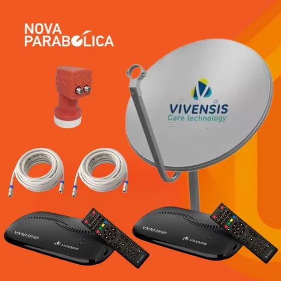 KIT Nova Antena Parabólica Digital + 2 Receptor Full HD VX10 Vivensis + LNBF Duplo + Cabos 2 TV
