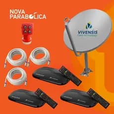 KIT Nova Antena Parabólica Digital + 3 Receptor HD VX10 Vivensis + LNBF Quádruplo + Cabos 3 TV