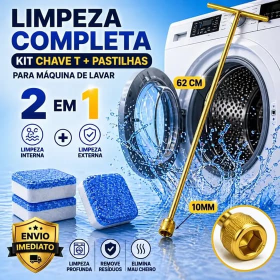 Kit Limpeza Máquina de Lavar 2 em 1 Chave T 62cm 10mm Pastilhas Efervescentes Remove Sujeira mau cheiro Universal