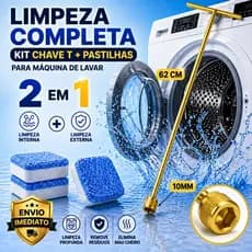Kit Limpeza Máquina de Lavar 2 em 1 Chave T 62cm 10mm Pastilhas Efervescentes Remove Sujeira mau cheiro Universal