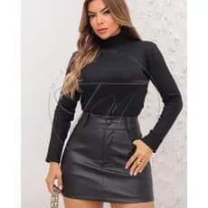 Short Saia Couro PU Feminina Cintura Alta com Botão Feminino