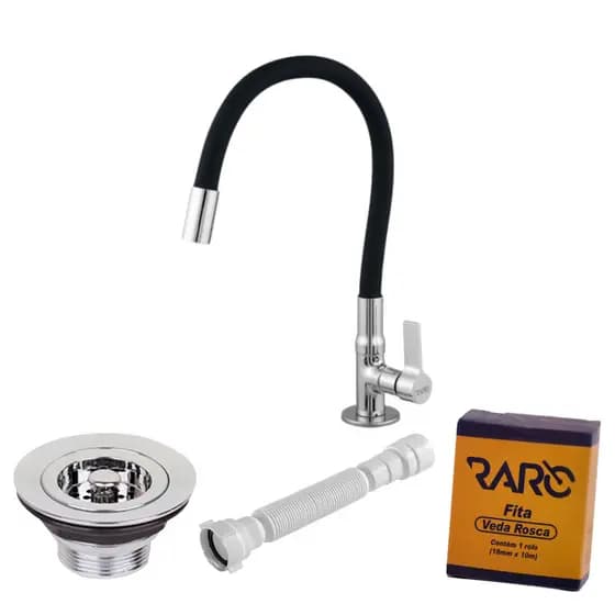 Kit Torneira De Cozinha Flex De Pia Bancada Gourmet + Valvula Metal + Sifão + Veda Rosca Premium