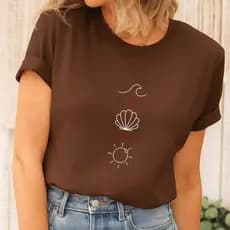 Camiseta Feminina T Shirt 100% Algodão Praia Praiana Onda Concha Sol Coração Verão
