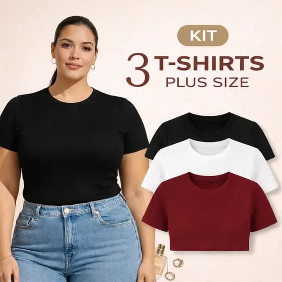 Kit 3 Camisetas Plus Size Canelado Manga Curta Feminina Verão Moda Gola Redonda