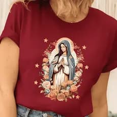 Camiseta Feminina Reforçada Estampada Virgem Maria Confortável Algodão