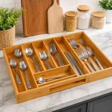 Porta Talher Bambu Grande Extensivel Gaveta 7 Divisorias Organizador Porta Talheres Madeira Cozinha