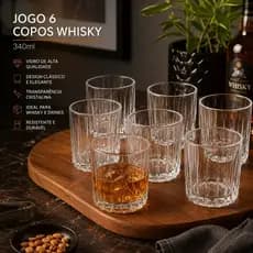 Jogo 6 Copos Whisky Vidro Drinks Transparente Uisque 340ml