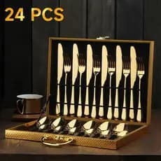 Kit Faqueiro Talheres Com Maleta 24 Peças Em Inox C/ Dourado