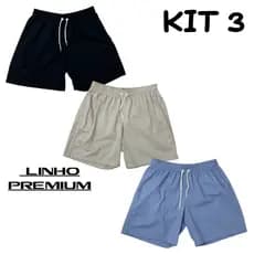 Kit 3 Short Linho Mauricinho Adulto Premium elástico na cintura casual 2 bolsos laterais e um traseiro envio imediato