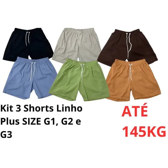 Kit 3 Shorts Linho Plus Size Mauricinho G1 G2 e G3 Premium elástico cintura casual 2 bolsos laterais envio imediato
