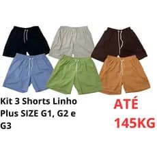 Kit 3 Shorts Linho Plus Size Mauricinho G1 G2 e G3 Premium elástico cintura casual 2 bolsos laterais envio imediato