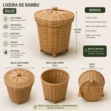 Lixeira De Bambu 30x25cm Com Tampa Decorativa
