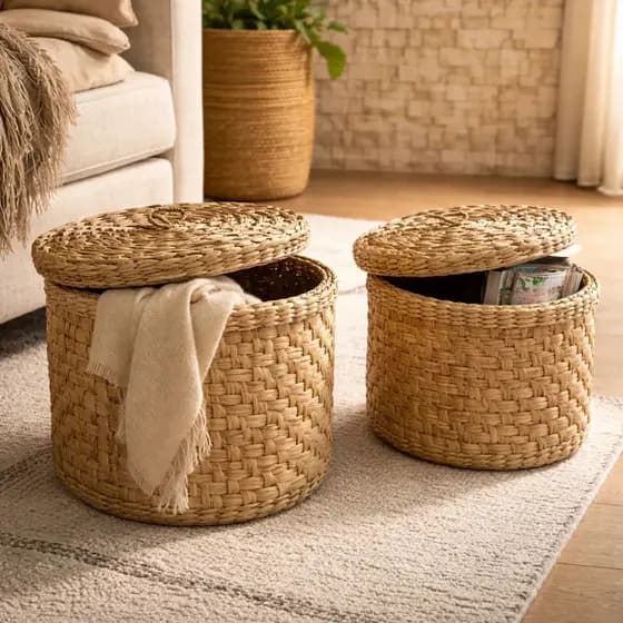 Kit 2 Cestos Baú Organizador De Taboa Natural Com Tampa