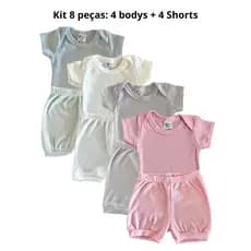 kit 8 peças body manga curta bebê infantil + shortinho para bebe menino e menina