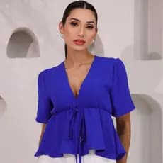Blusa Feminina com Babado Manga 3/4 Decote V Amarração na Cintura Moda Casual Elegante
