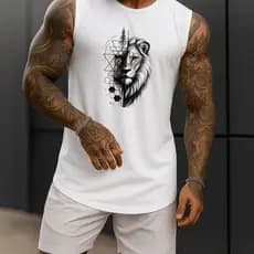 Regata Masculina Cavada Leão Detalhes Academia Algodão 100% Estampada Premium Treino Fitness Casual Streetwear Verão