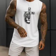 Regata Masculina Academia Algodão Leão Cruz 100% Estampada Premium Treino Fitness Casual Streetwear Verão