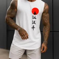 Regata Masculina Academia Algodão 100% Estampada Lua Japonesa Premium Treino Fitness Casual Streetwear Verão