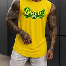 Regata Masculina Academia Algodão Brasil Copa 100% Estampada Premium Treino Fitness Casual Streetwear Verão