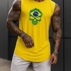 Regata Masculina Academia Algodão Caveira Brasileira 100% Estampada Premium Treino Fitness Casual Streetwear Verão