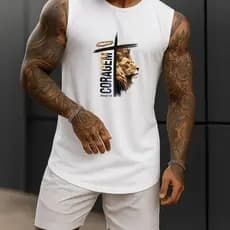 Regata Masculina Cavada Leão Coragem Academia Algodão 100% Estampada Premium Treino Fitness Casual Streetwear Verão