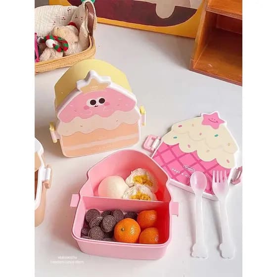 Marmita Lancheira Escola Trabalho 2 Compartimentos Com Talher Garfo Colher Cupcake Com tampa e trava