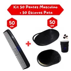 Pente Masculino Kit 50un + Escova Pata Pata 50un de Bolso PRETO Cabelo e Barba -Barbearia