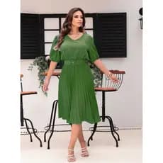 Vestido Plissada Midi Feminina Moda Evangélica com Cinto