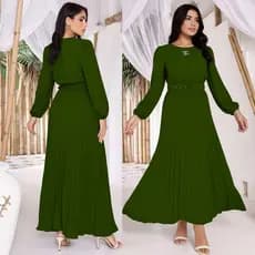 Vestido Longo Feminino Plissado com Cinto Manga Longa