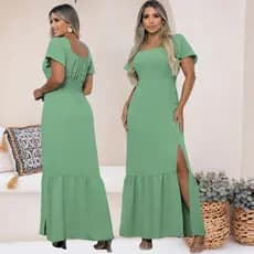 Vestido Longo Feminino Moda Evangelica tecido Duna forrado com fenda lateral Manga Curta Flare