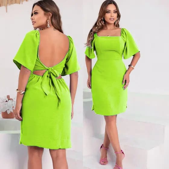 Vestido Curto Feminino Manga Curta Elegante D Amarrar Forrado