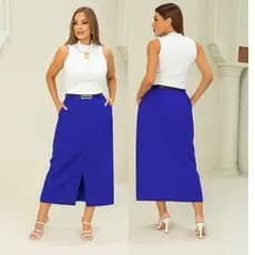 Saia Midi Alfaiataria Com Cinto Com Fenda Bolso Lateral Moda evangélica Feminino