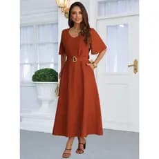 Vestido Midi Feminino Tecido Sensorial com Cinto Manga Flare