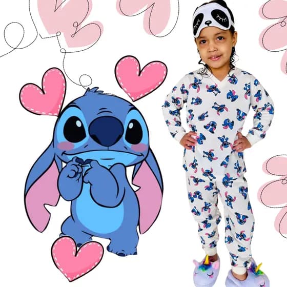 Pijama Infantil Feminino Lilo Stitch Estampado Manga Longa Personagem Barato Frio Inverno Verão