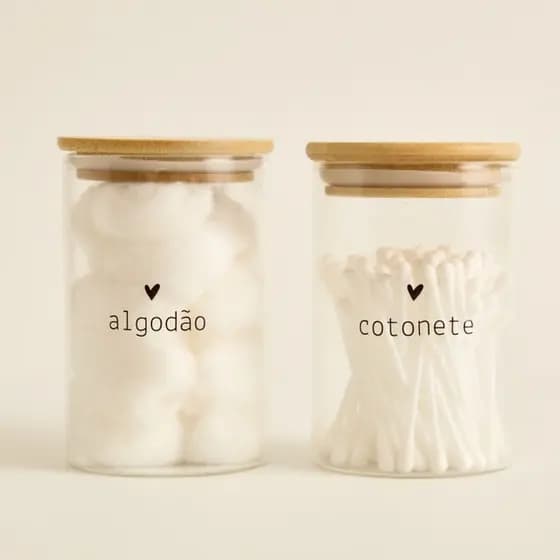 Kit Porta Cotonete e/ou Algodão ou Kit 2 Potes Organizador Vidro e Tampa Bambu