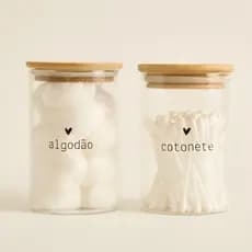 Kit Porta Cotonete e/ou Algodão ou Kit 2 Potes Organizador Vidro e Tampa Bambu