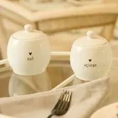 Açucareiro ou Saleiro Bojudo de Porcelana Artesanal Branco com Tampa – Unidade ou Kit Sal Açúcar