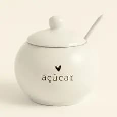 Açucareiro de Porcelana Com Tampa e Colher Porta Açúcar