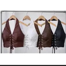 Corset Top cropped Feminino em Couro PU com Costuras Modeladoras e Decote V com Amarração