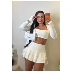 Conjunto Saia Crooped Manga Longa Básico Marrom  Curto Babado Plissada Decote Quadrado Suplex Dia Noite Balada 2 Pecas