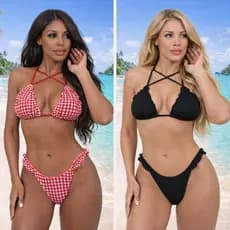 Biquíni Com Babadinho Xadrez Vermelho Preto Praia Verão Biquíni Moda
