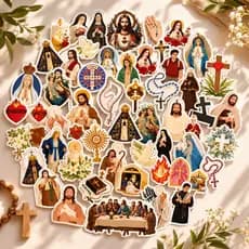 Cartela 70 Adesivos Católicos Religiosos Decorativo Jesus