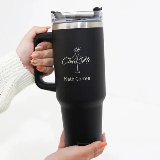 Copo Termico Preto Com Tampa 1,2L e Canudo Personalizado a laser