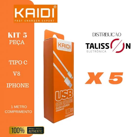 KIT 1/2/3/5 Cabos Usb Kaidi Rápido Reforçado TIPO C/V8/LIGHTNING IPHONE