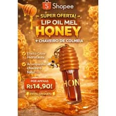 Lip Oil Mel Honey Gloss Labial Hidratante Efeito Glow Natural + Chaveiro Abelha Colmeia